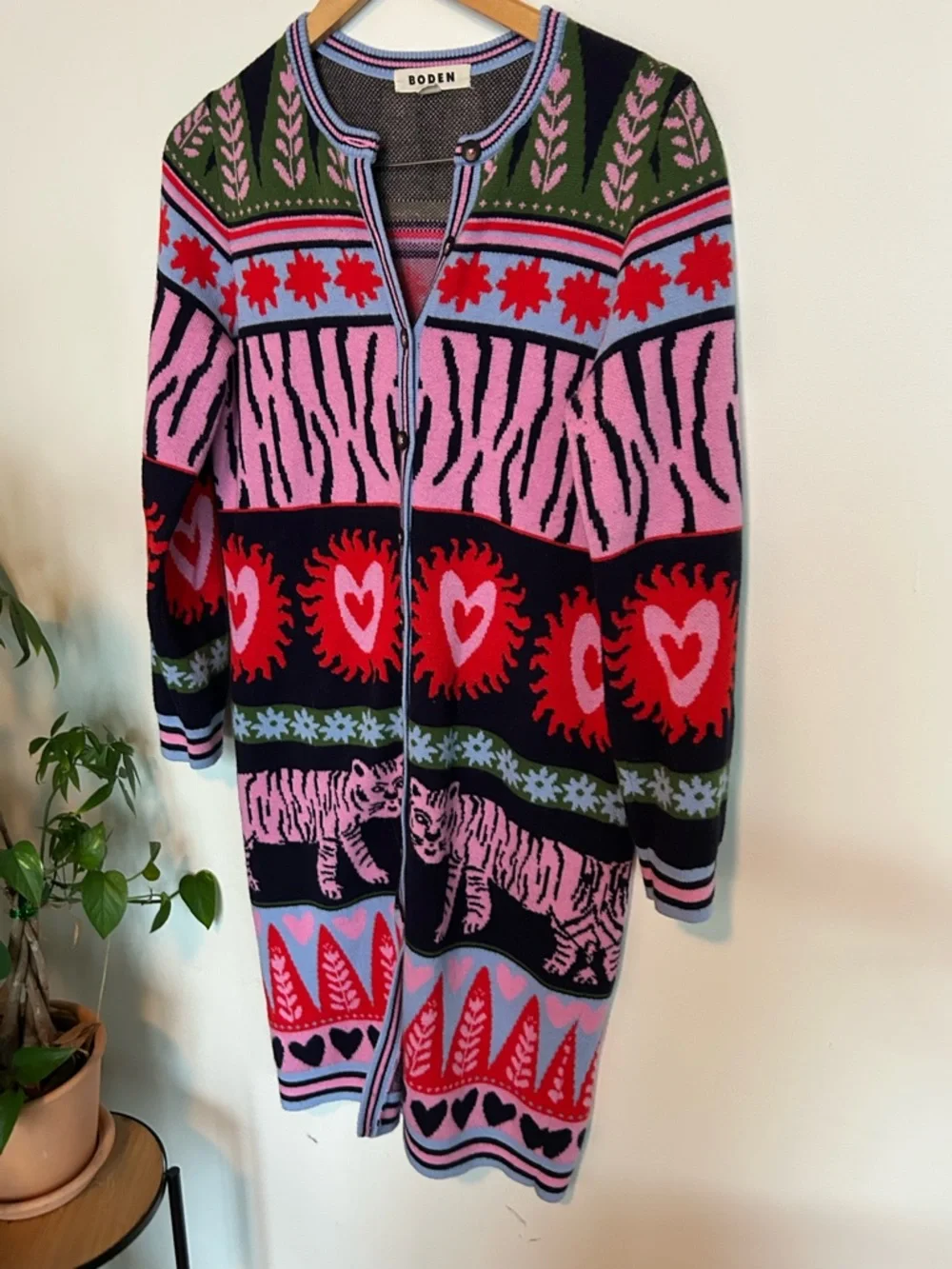 Boden Tigers Long Jacquard Cardigan Navy Pink Size S - Picture 8 of 10